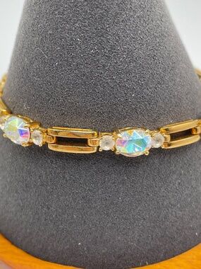 Gold Tone AB Rhinestone Link Tennis Bracelet 7 1/2"